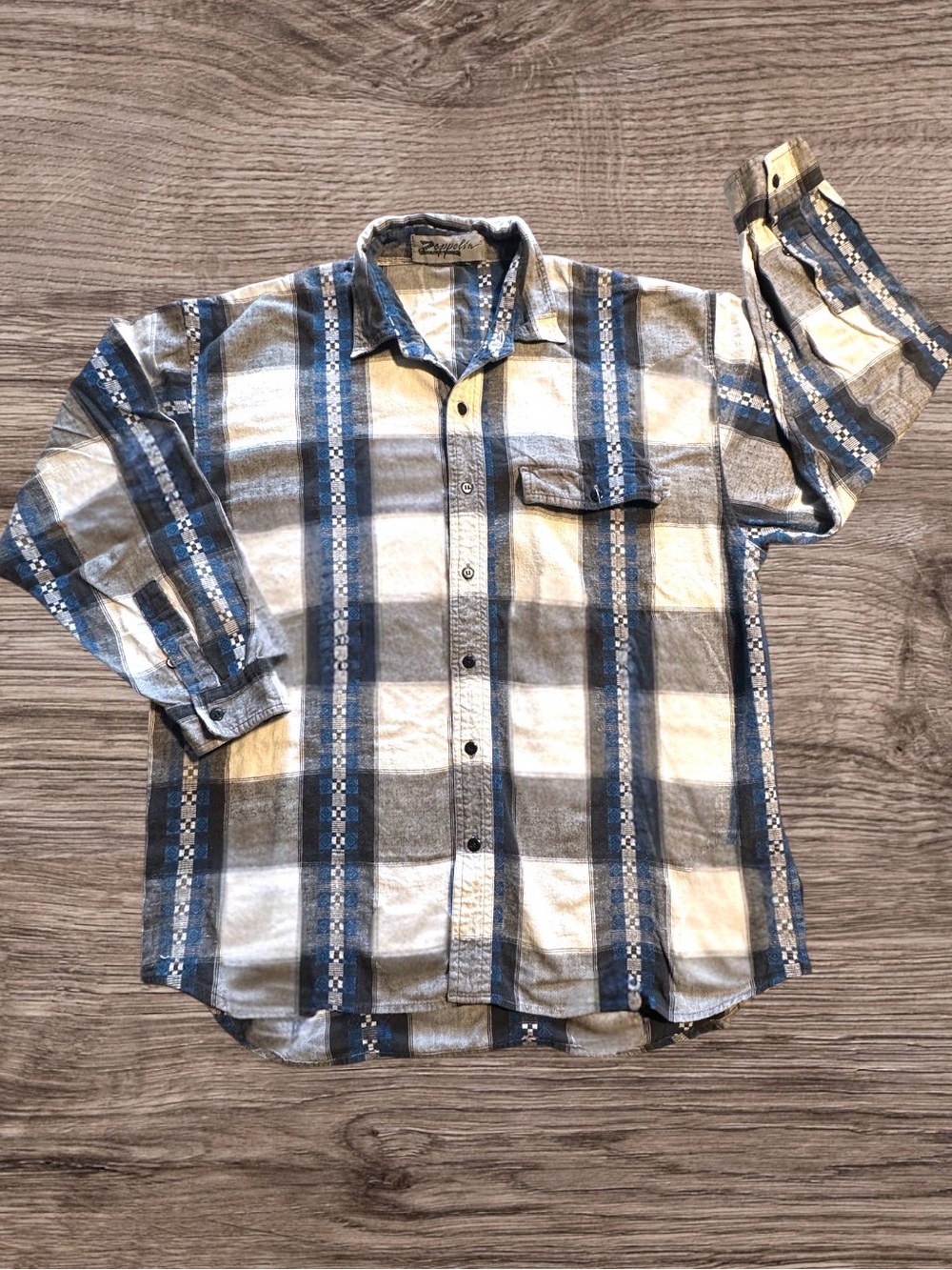Vintage 90s Zeppelin Men's  Plaid Woven Jacquard Stripe Flannel Shirt